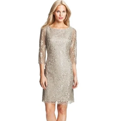 Vestido de Encaje Calvin Klein 2P 2 Pequeño Beige Plateado Funda Metálica Formal Boda Foto 1 de 4