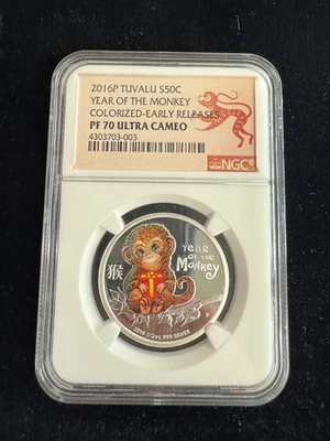 2016 P Tuvalu  PROOF COLORIZED Silver Lunar Year of Monkey NGC PF70 1/2oz Coin - Image 1 of 2