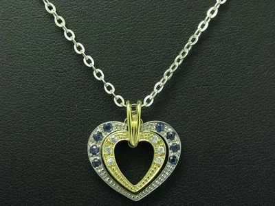 925 Argento Sterling Catena & Cuore Ciondolo con Zirconi & Zaffiro Carico / - Immagine 1 di 3