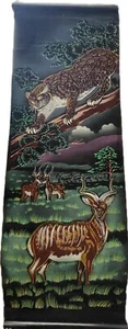 Vintage Samt Antilope Gazelle Leopard Savanne Schnörkel Wandbehang - Bild 1 von 4