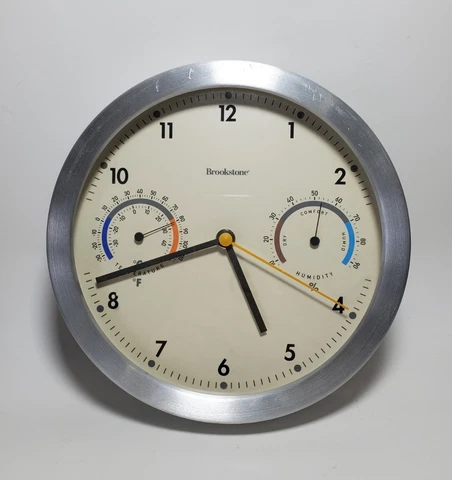 RARE Brookstone Analog Wall Clock Built in Farenheight Thermometer + Hygrometer Cover