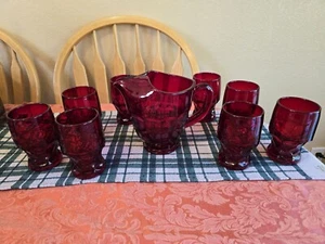 Viking Ruby Red Glass Georgian Honeycomb Pitcher and Goblet 9 Piece Set - Picture 1 of 11