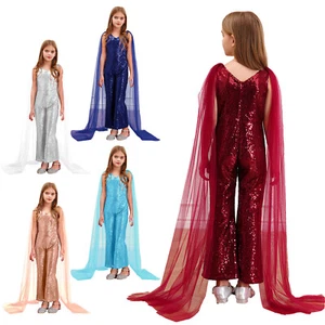 Kids Girls Jumpsuit Wide Leg Rompers Sparkly Bodysuit Cape Sleeve Costume Gown - Picture 1 of 48
