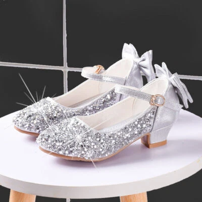 Girls Kids Silver Bow Wedding Party Glitter Dress Princess Shoes Mid Heel Pumps - Image 1 of 4