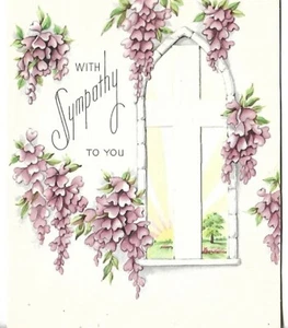 Vintage Card approx 4.5 X 5.5" - With Sympathy to You Cross Purple Flowers - Picture 1 of 3