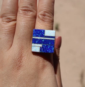 Handgefertigter eingelegter Navajo Opal Quadratischer Ring Native American Sterlingsilber Gr. 10 - Bild 1 von 11