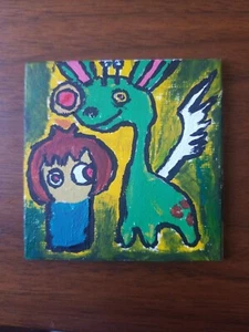 Original Öl handbemalt modern süß Mädchen Dinosaurier. Ungerahmt - Bild 1 von 4