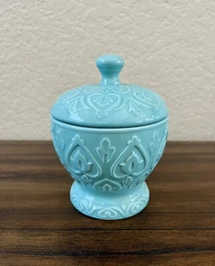 World Market Ceramic Jar Lid Container Bathroom Or Trinket Storage Embossed - Picture 1 of 4