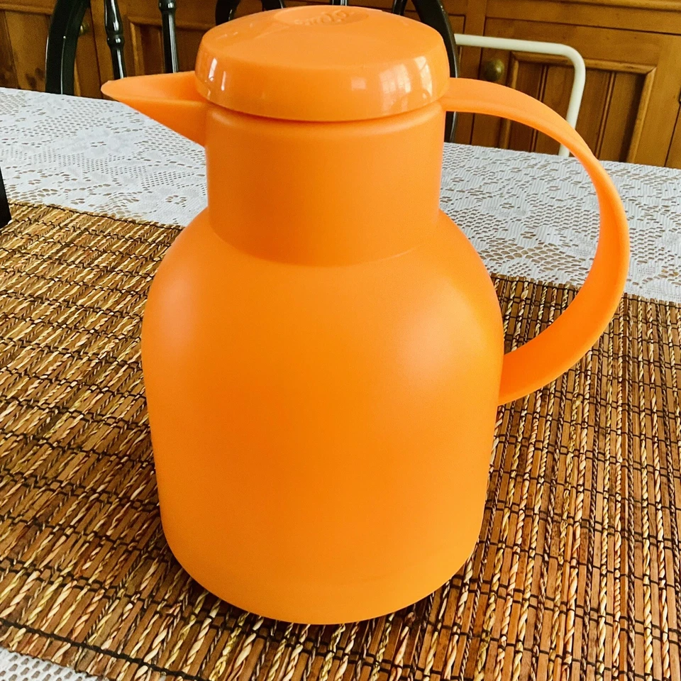 EMSA Samba 1 L Vacuum Quick Press Coffee Tea Jug Flask Germany Fluro Orange - Image 1 of 4
