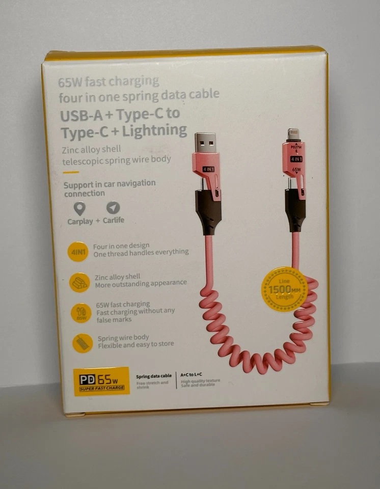 65W fast charging 4 in 1 spring data cable USB-A + Type-C to Tupe-C + Light - Image 1 of 1