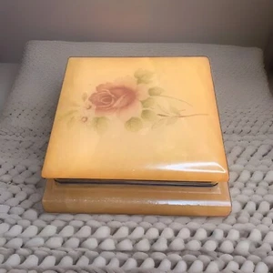 Vintage Genuine Alabaster Square 4”Jewelry Trinket Box Rose Floral Made In Italy - Picture 1 of 5