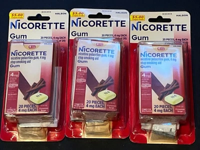 Paquete de bolsillo de goma de nicotina Nicorette de 4 mg, canela, 20 quilates 3 paquetes 8/27 Foto 1 de 2