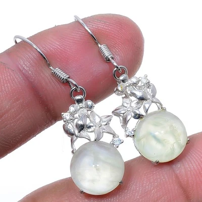 African Prehnite & Cubic Zirconia Solid 925 Sterling Silver Earring 1.37" S1986 - Image 1 of 4