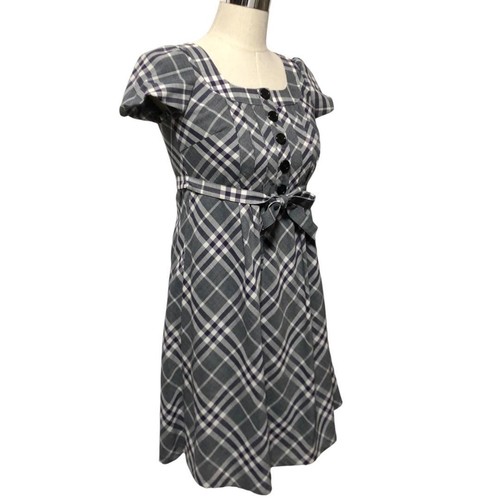 Abito Burberry blu etichetta manica corta quadri linea A nastro poliestere taglia 36