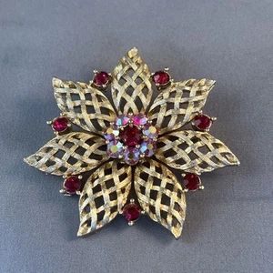 Vintage Lisner Brooch Red & Aurora Borealis Rhinestones With Gold Tone Flower - Picture 1 of 6