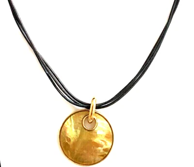 lia sophia Green/Brown Enamel Medallion Gold Tone Pendant Black Leather Necklace - Image 1 of 4
