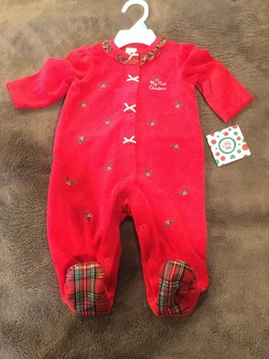 NWT Little Me Sz 6 M Holiday Velour Holly Plaid Footie Red  - Image 1 of 3