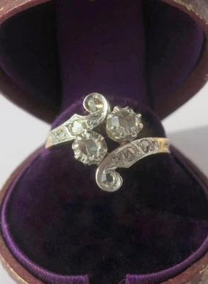 Bague Toi et Moi ancienne XIXe Diamants or 18 carats et platine Fiançailles - Photo 1/4