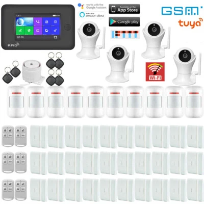 T37 Tuya Alexa APP WiFi GSM RFID Wireless Home Security Alarm System+4 IP Camera - Image 1 of 4