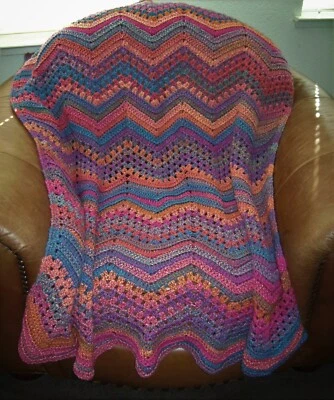 NEW HAND CROCHET HOT PINK TURQUOISE MULTI COLOR RIPPLE AFGHAN LAP BLANKET THROW - Image 1 of 4