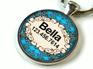 Etiquetas florales personalizadas de identificación para mascotas personalizadas personalizadas para perros y gatos azul bronceado elegante - Imagen 1 de 3