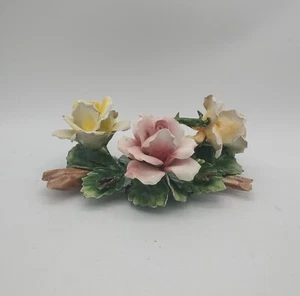 Signed Capodimonte Italy Pink Yellow Roses Ceramic Flowers Centerpiece Vintage - Picture 1 of 15