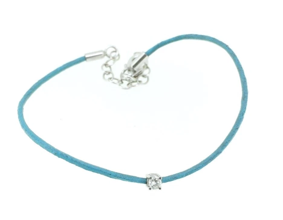 Solitaire Natural Diamond TCW 0.06 Turquoise Leather 18k White Gold Bracelet - Image 1 of 4