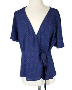 Meraki Womans Top Size M Wrap Blouse Navy Blue With Red Polka Dots Short Sleeve - Picture 1 of 12