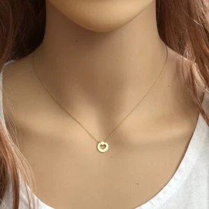 14K Solid Gold Mini Disk / Dics Cut Out Heart Dainty Necklace - Minimalist - Picture 1 of 6