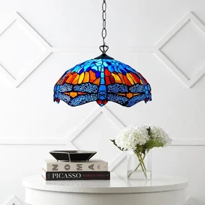 Tiffany Blue Dragonfly Style Pendant Lamp 16 inch Stained Glass Shade Home - Picture 1 of 21