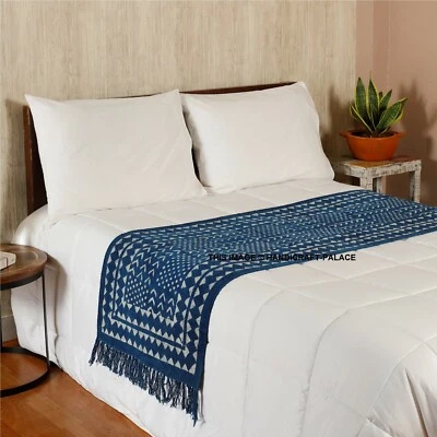 Indian Cotton Block Printed Bed Runner Decorative Table Throw Indigo Blue Rag - Image 1 of 4