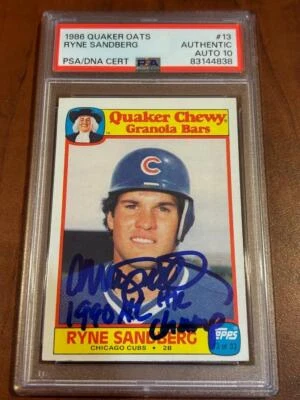 RYNE SANDBERG CHICAGO CUBS 1986 QUAKER 1990 NL HR CHAMP PSA 10 AUTO SIGNED COA - Image 1 of 4