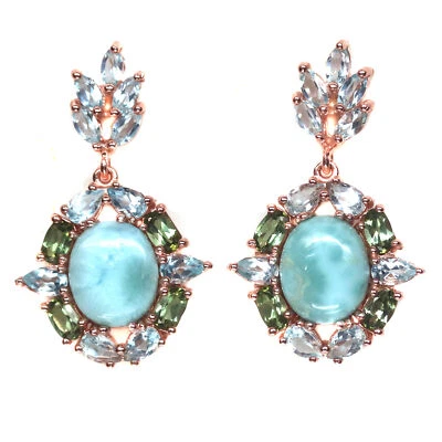 10 X 12 mm. Brincos azuis de prata esterlina 925 Larimar, turmalina e topázio - Imagem 1 de 4