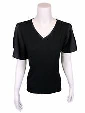 H by Halston V-Neck Knit Mixed Media Flutter Sleeves Top Solid Black Small Size