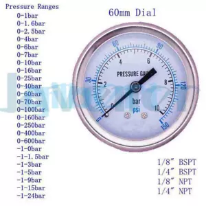 Medidor de presión axial -1 a 600 bar 1/8"" 1/4"" BSPT NPT 60 mm 304 acero inoxidable N2 vapor - Imagen 1 de 4