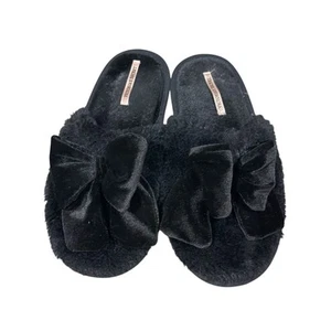 Victoria's Secret Black Furry Slip On Slippers Closed Toe Bow Size Medium - Picture 1 of 7