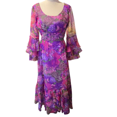 Mary Charmaine 60s Maxi Dress Size 12 Vintage Purple Pink Bell Sleeve Floral 70s - image 1 of 4