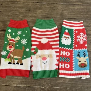 3 Dog Sweaters Size Medium Christmas Festive Holiday Santa Reindeer Pom Poms - Picture 1 of 9