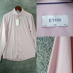 Camisa Eton Hombre Rosa Patrón 16.5 42 Grande Manga Larga Botón Calce Ajustado Elastizado - Imagen 1 de 12