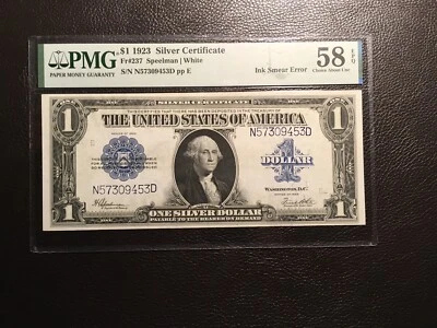 1.00 1923 Large Silver Certificate Error Ink Smear PMG 58 EPQ Hard To Find Note - Image 1 of 4