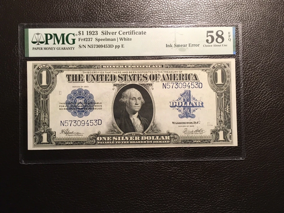 1.00 1923 Large Silver Certificate Error Ink Smear PMG 58 EPQ Hard To Find Note - Image 1 of 4
