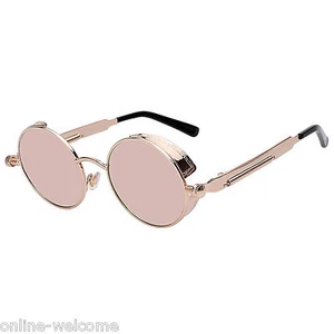 Steampunk Gothic Retro Round Circle Sunglasses Metal Gold Metal Pink Mirror C4 - Picture 1 of 6