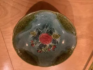 9” Antique Majolica bowl, Blue/Teal waterlily in bloom - Picture 1 of 3