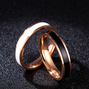 18K Rose Gold Titanium Steel White/Black Enamel Band Women's Wedding Ring Sz 3-9