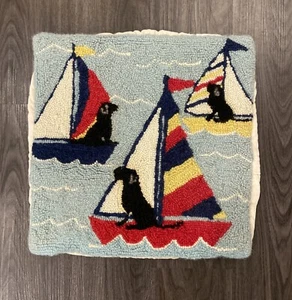 ROVER ISLAND SAILOR LABS SCENE 16"X16" HOOKED WOOL PILLOW COVER - Picture 1 of 8