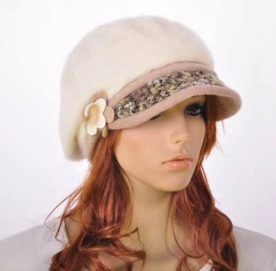 M140 Ivory  Rabbit Fur Wool Brim Hat Women's Winter Beanie Newsboy Cap New - Image 1 of 4