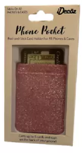 iDecoz Phone Pocket Stick-on All Phone or Case Pink Glitter 5 Card Wallet GL339C - Picture 1 of 2