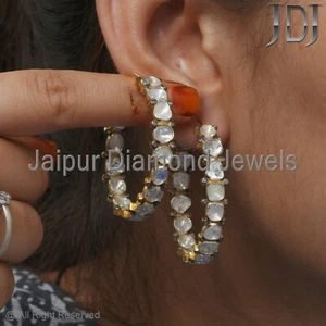 925 Sterling Silver Natural Polki Pave Diamond Victorian Jewelry Hoop Earrings - Picture 1 of 14
