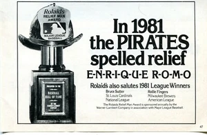 1981 Anuncio de Rolaids Relief Man Premio Enrique Romo Piratas de Pittsburgh - Imagen 1 de 2