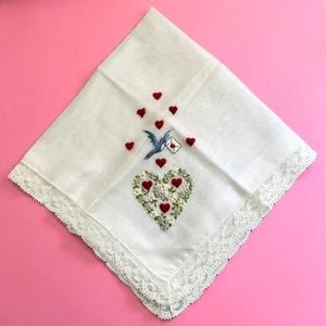 Vintage Handkerchief Embroidered Appliqué Hearts Bird Valentines Day Floral READ - Picture 1 of 7